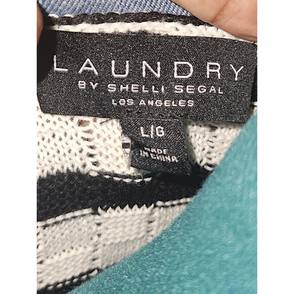 Anthropologie LAUNDRY Shelli Segal Pointelle Denim Trim Stripe Cardi L Women's - Picture 2 of 7